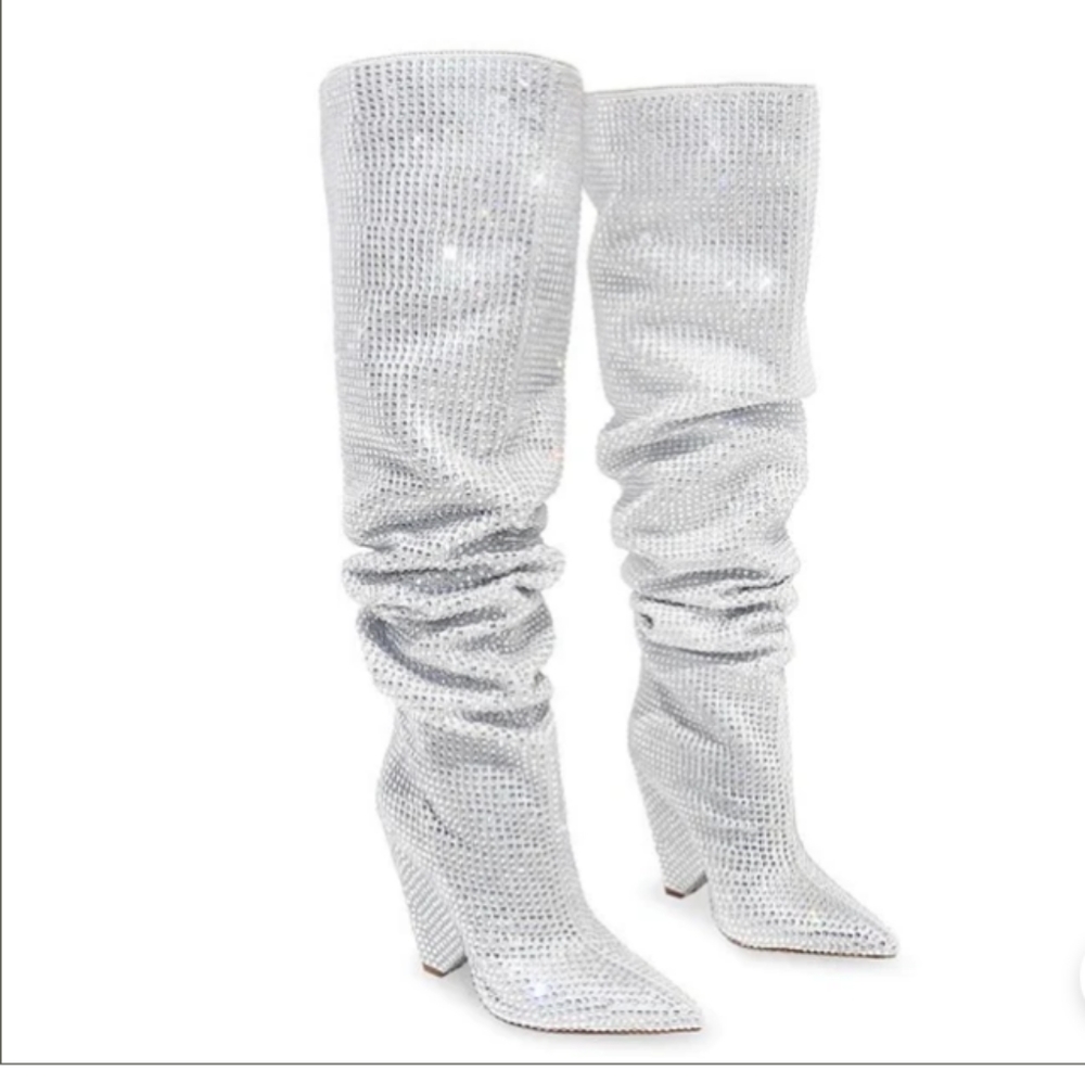 Capitán Robin Silver Rinestone boots square high heels with zipper metallic